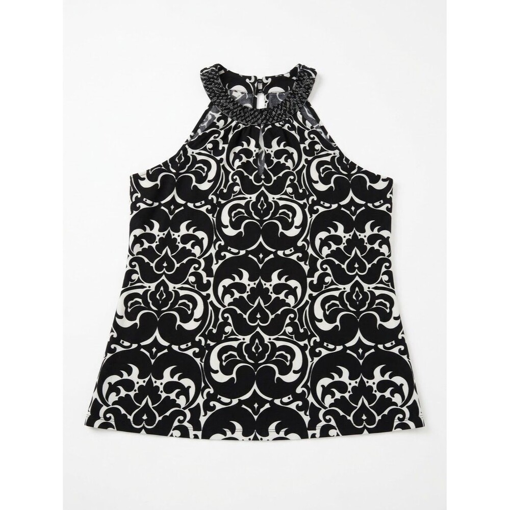 INC International Concepts Women Top Sz L Black White Damask Beaded Halter Top